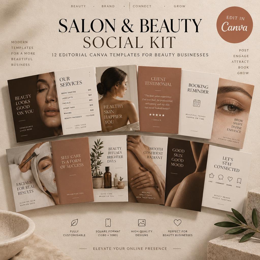 Preview of the The Salon & Beauty Social Kit Canva template pack